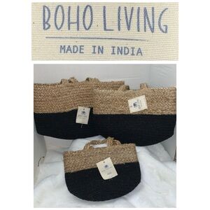 😎 BOHO LIVING Made In India Set of 3 Tan & Black Burlap Baskets NWT Cottagecore